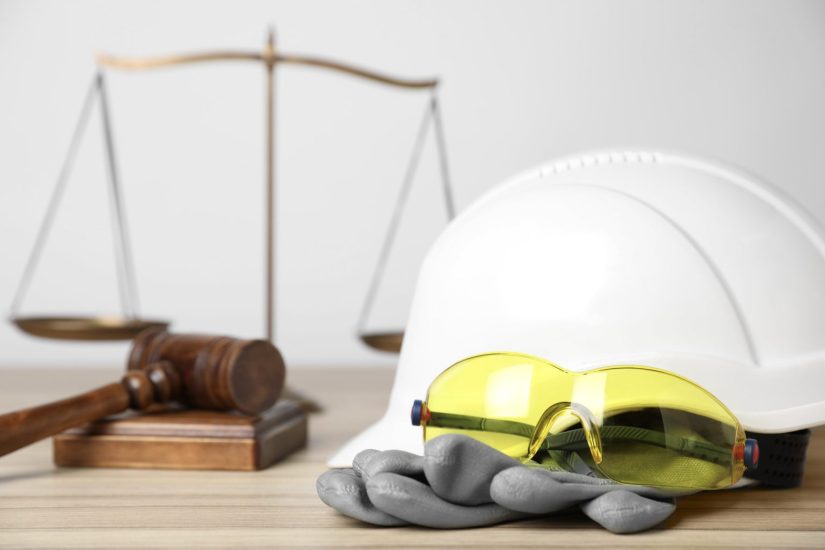 Gavel, scales and construction worker's protective gear on wooden table
